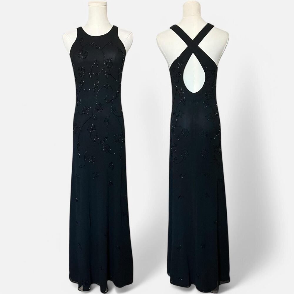 VTG 90s Laundry by Shelli Segal Black Beaded Mesh High Neck Open Back Maxi Dress
